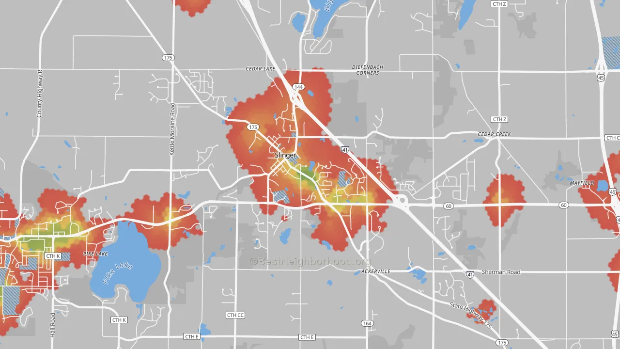 Walk Grade map of 53086, WI, walkable areas in green and car-dependent areas in red