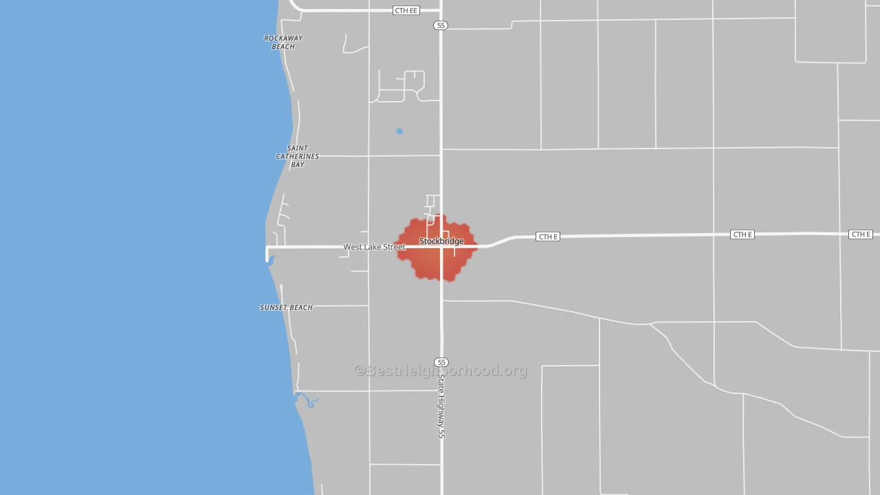 Walk Grade map of 53088, WI, walkable areas in green and car-dependent areas in red