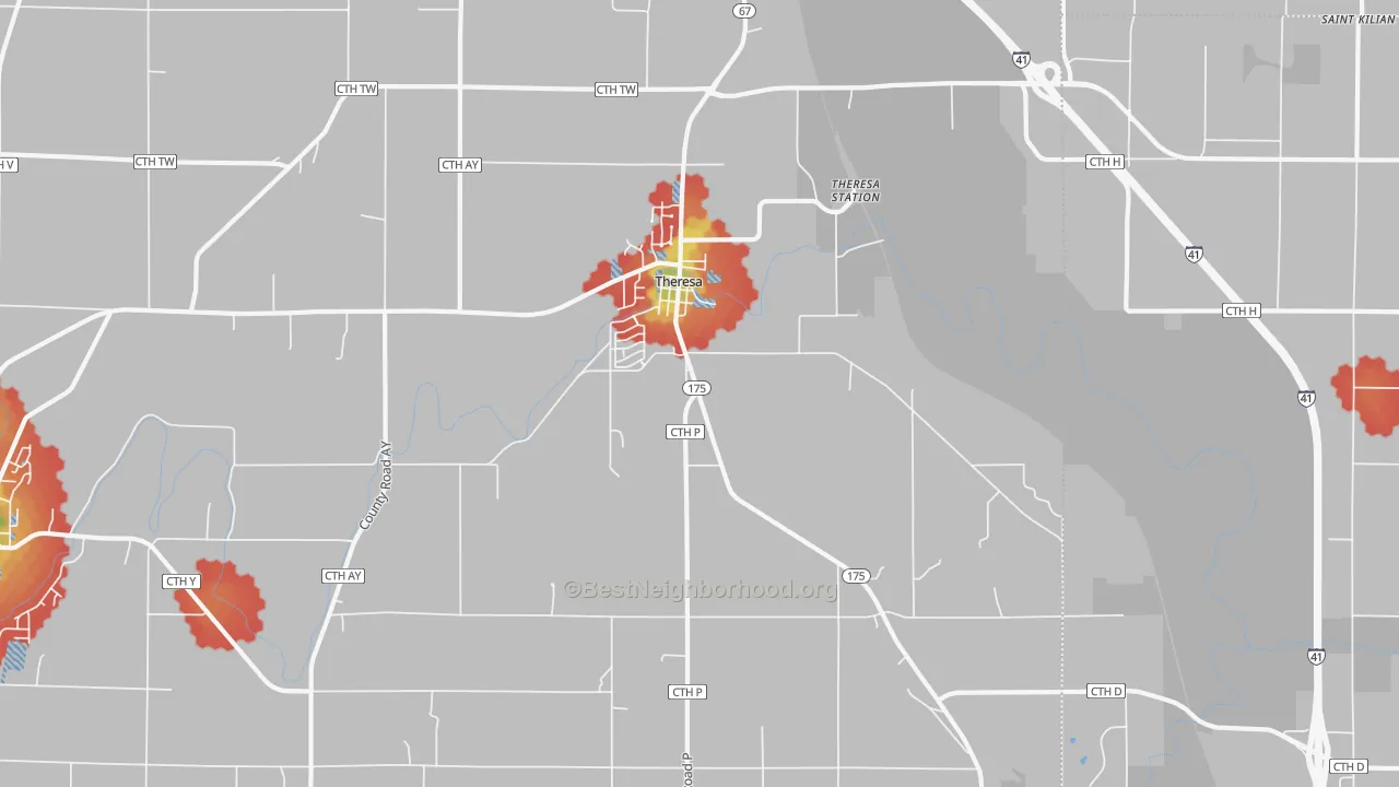 Walk Grade map of 53091, WI, walkable areas in green and car-dependent areas in red
