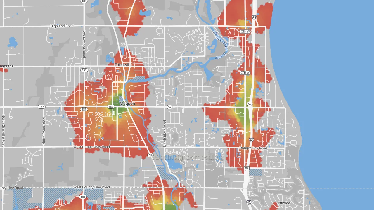 Walk Grade map of 53092, WI, walkable areas in green and car-dependent areas in red