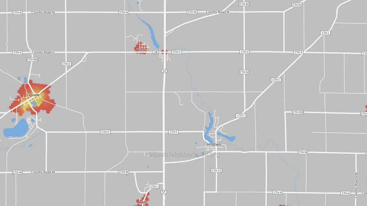 Walk Grade map of 53093, WI, walkable areas in green and car-dependent areas in red
