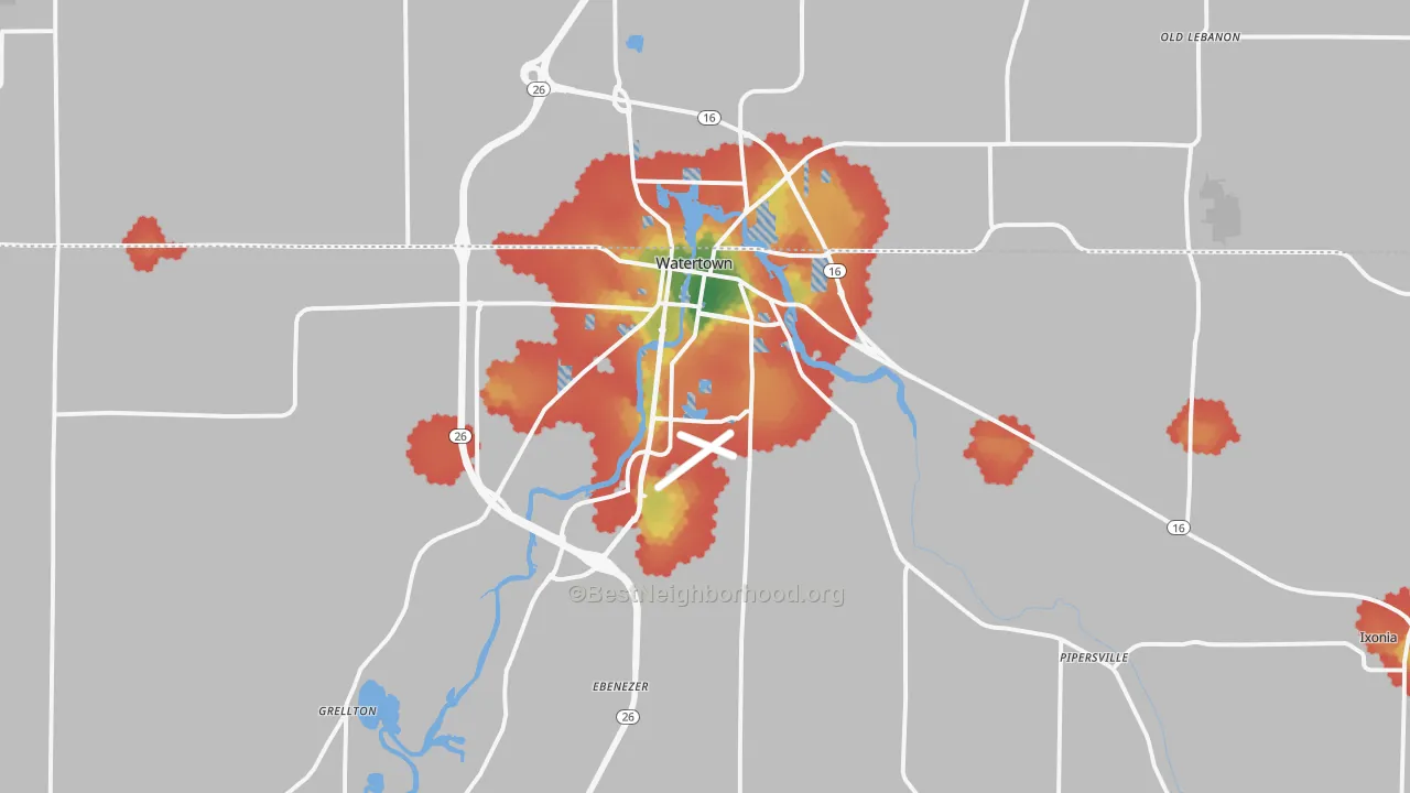 Walk Grade map of 53094, WI, walkable areas in green and car-dependent areas in red