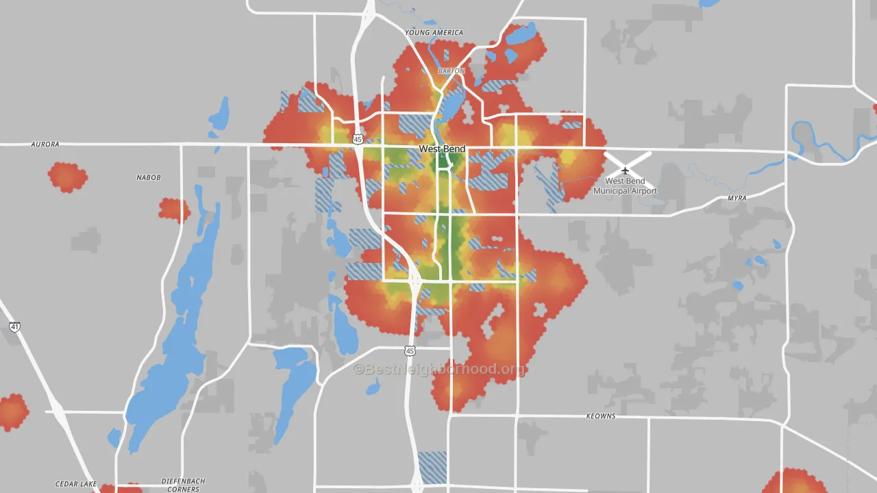 Walk Grade map of 53095, WI, walkable areas in green and car-dependent areas in red
