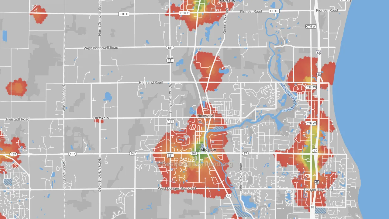 Walk Grade map of 53097, WI, walkable areas in green and car-dependent areas in red