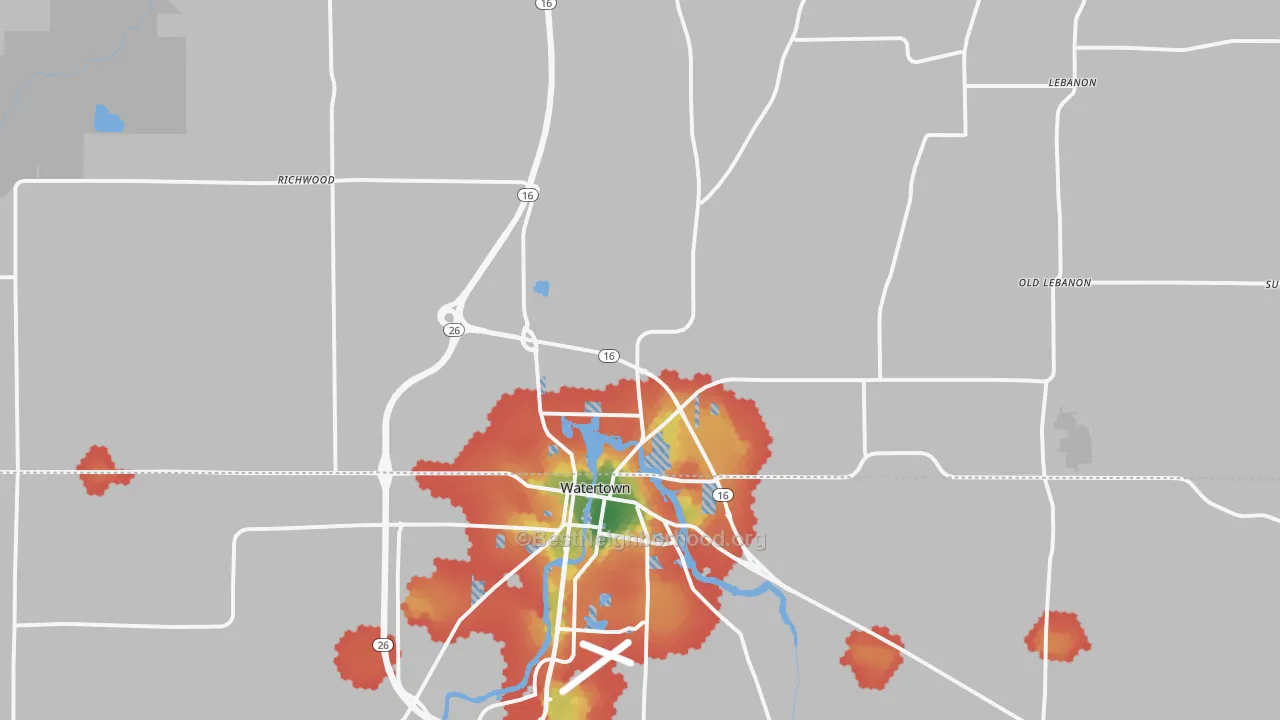 Walk Grade map of 53098, WI, walkable areas in green and car-dependent areas in red