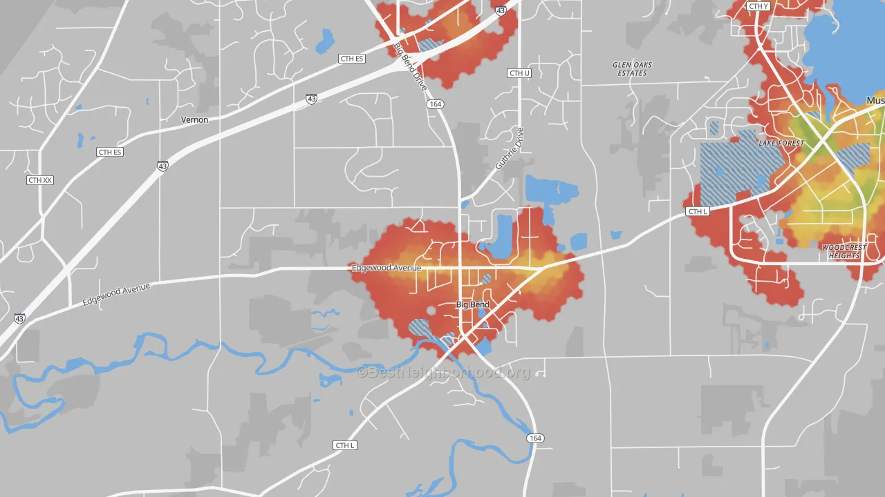 Walk Grade map of 53103, WI, walkable areas in green and car-dependent areas in red