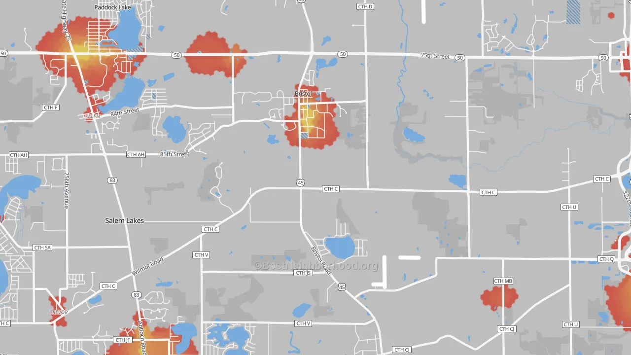 Walk Grade map of 53104, WI, walkable areas in green and car-dependent areas in red