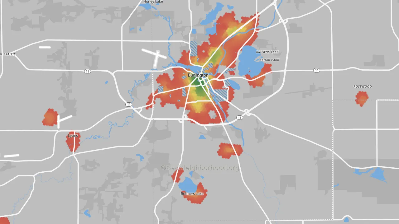 Walk Grade map of 53105, WI, walkable areas in green and car-dependent areas in red