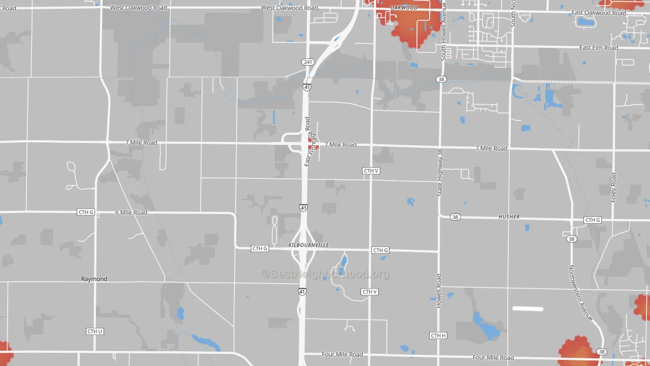 Walk Grade map of 53108, WI, walkable areas in green and car-dependent areas in red