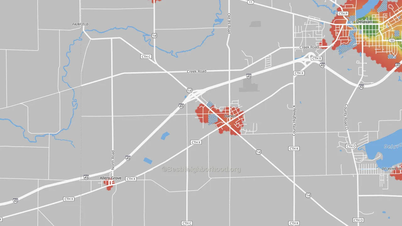 Walk Grade map of 53114, WI, walkable areas in green and car-dependent areas in red