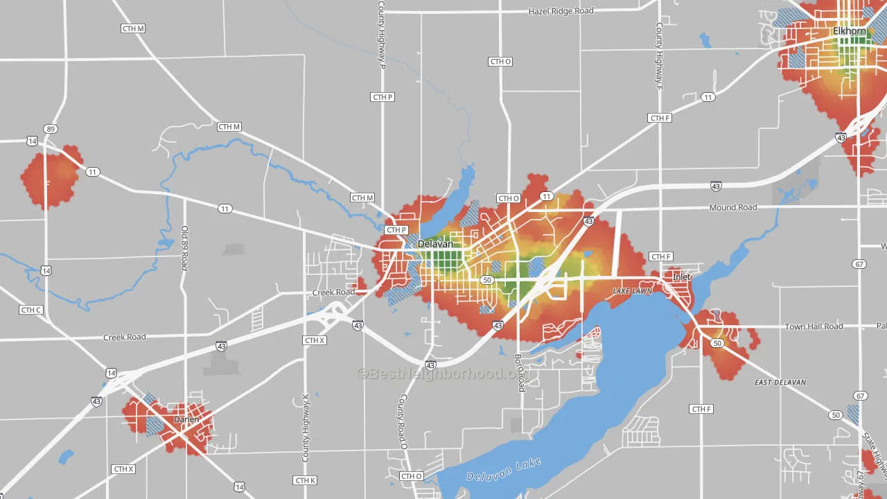 Walk Grade map of 53115, WI, walkable areas in green and car-dependent areas in red