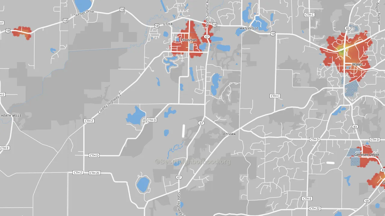 Walk Grade map of 53118, WI, walkable areas in green and car-dependent areas in red