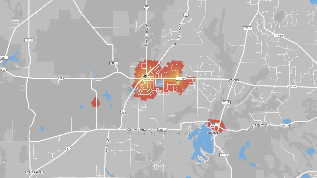 Walk Grade map of 53119, WI, walkable areas in green and car-dependent areas in red