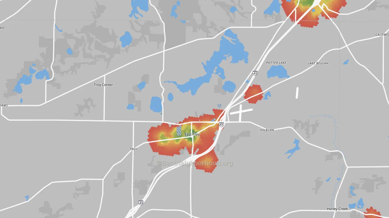 Walk Grade map of 53120, WI, walkable areas in green and car-dependent areas in red
