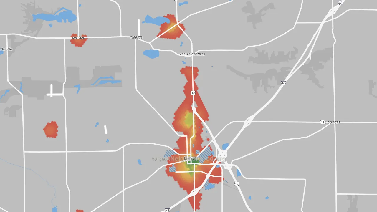 Walk Grade map of 53121, WI, walkable areas in green and car-dependent areas in red