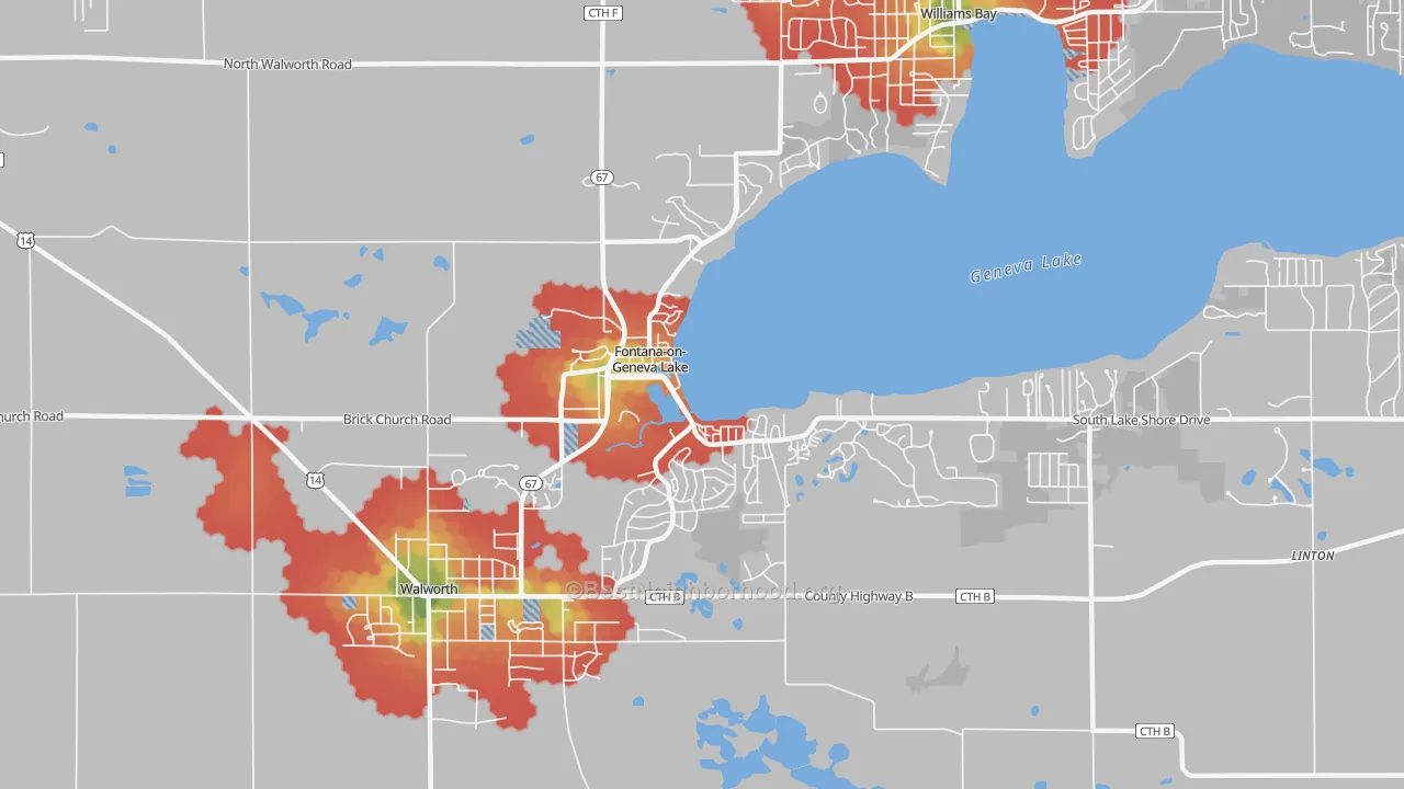 Walk Grade map of 53125, WI, walkable areas in green and car-dependent areas in red