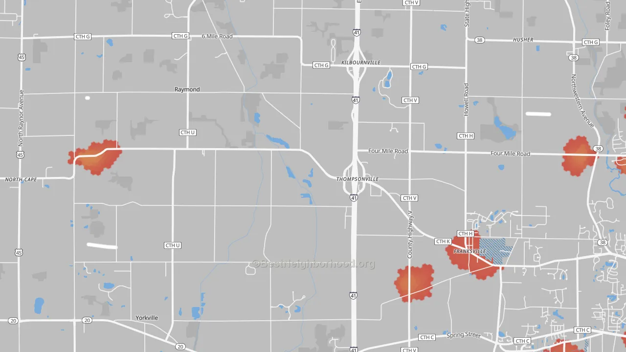 Walk Grade map of 53126, WI, walkable areas in green and car-dependent areas in red