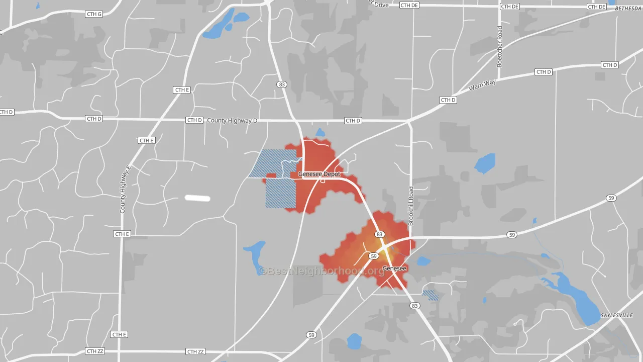Walk Grade map of 53127, WI, walkable areas in green and car-dependent areas in red