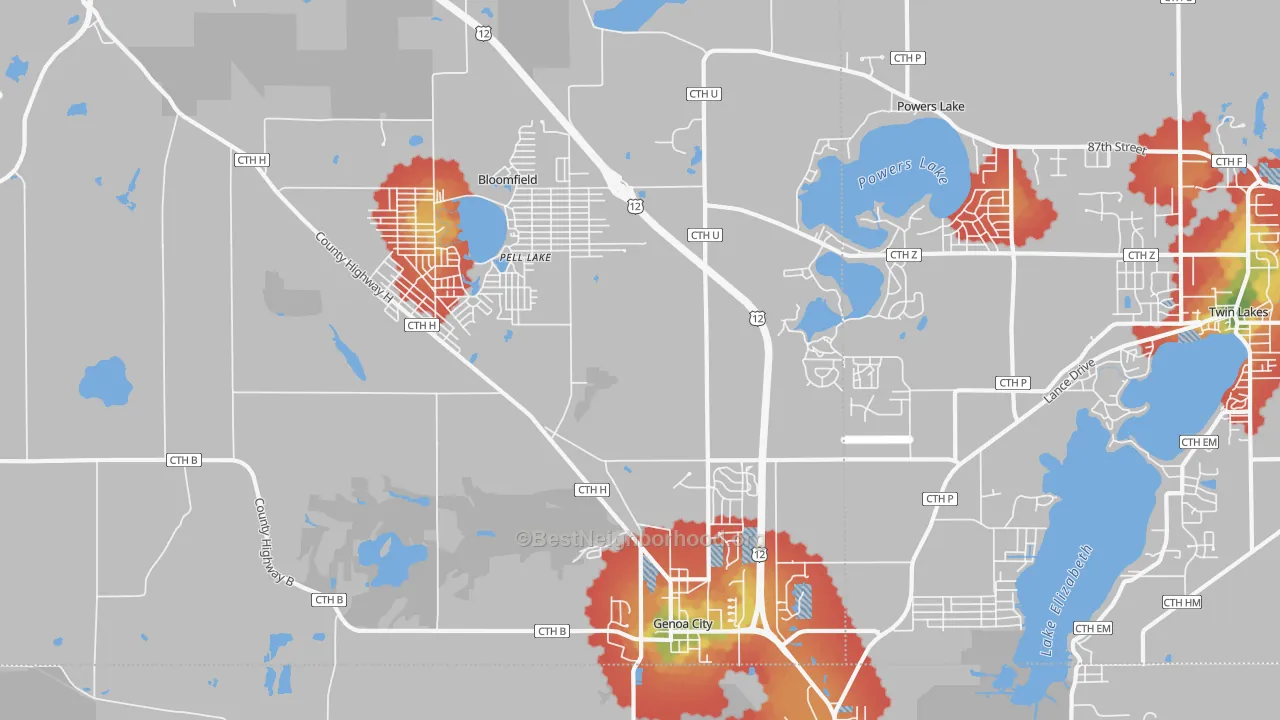 Walk Grade map of 53128, WI, walkable areas in green and car-dependent areas in red