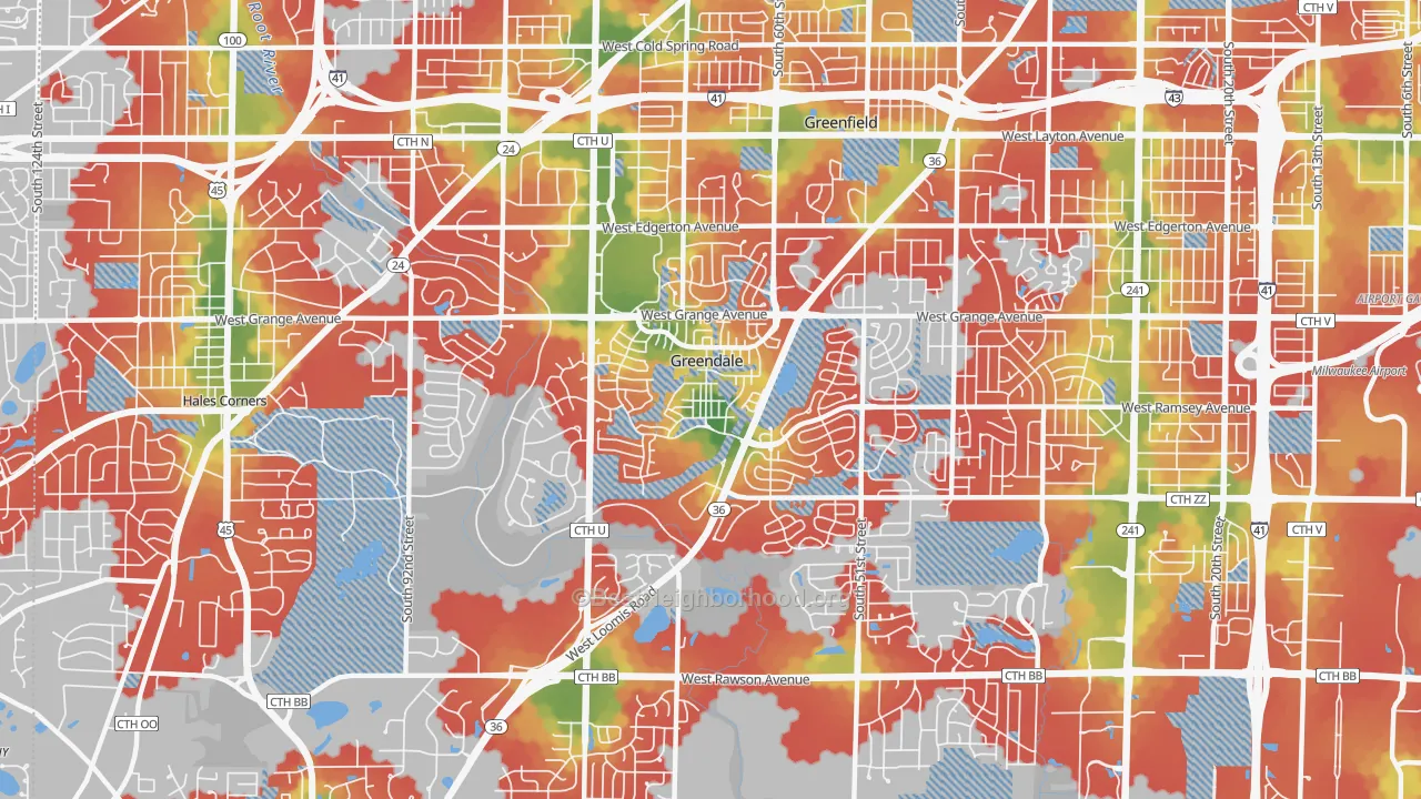 Walk Grade map of 53129, WI, walkable areas in green and car-dependent areas in red