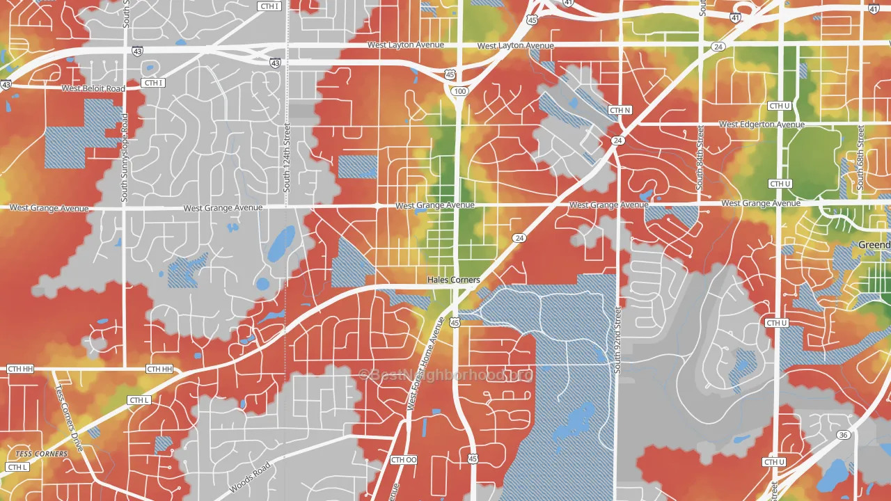 Walk Grade map of 53130, WI, walkable areas in green and car-dependent areas in red