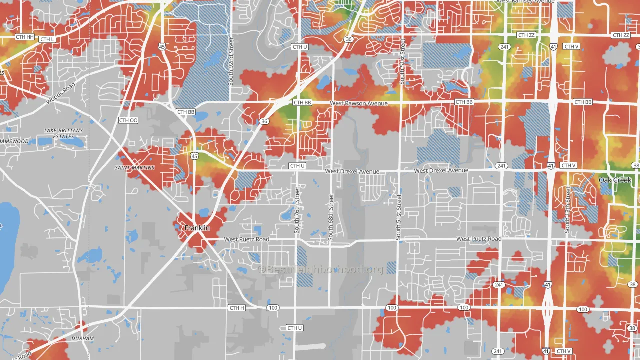 Walk Grade map of 53132, WI, walkable areas in green and car-dependent areas in red