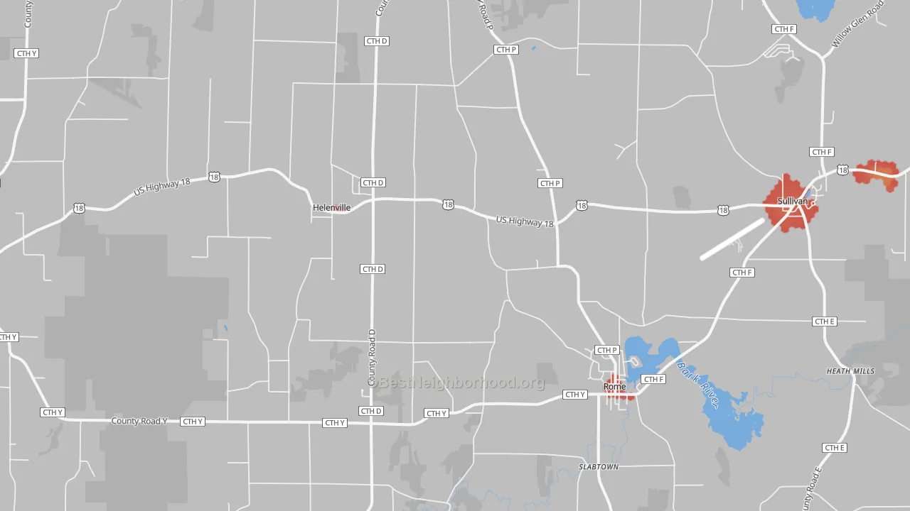 Walk Grade map of 53137, WI, walkable areas in green and car-dependent areas in red