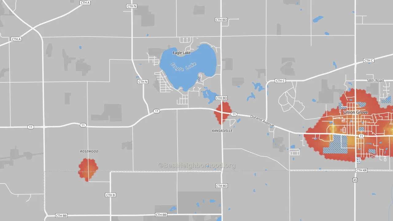 Walk Grade map of 53139, WI, walkable areas in green and car-dependent areas in red