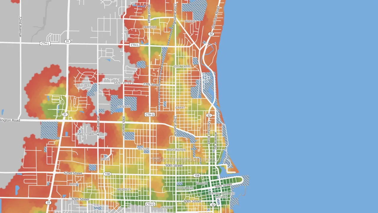 Walk Grade map of 53140, WI, walkable areas in green and car-dependent areas in red