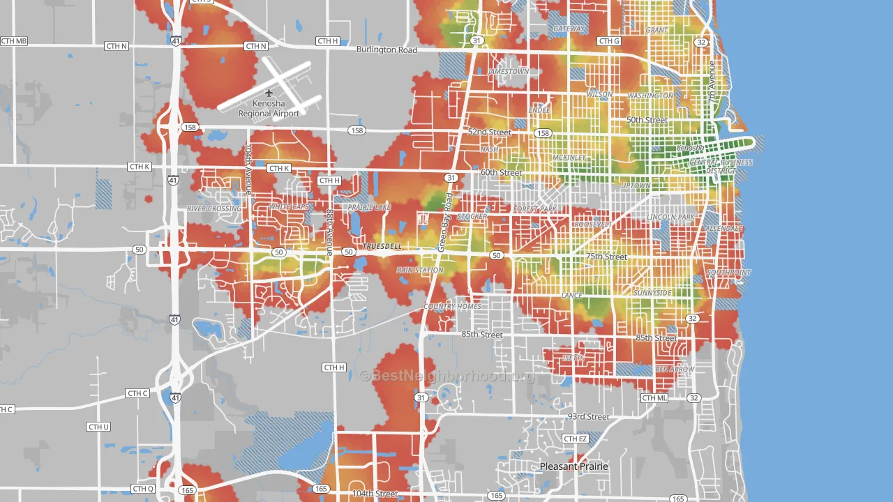Walk Grade map of 53142, WI, walkable areas in green and car-dependent areas in red