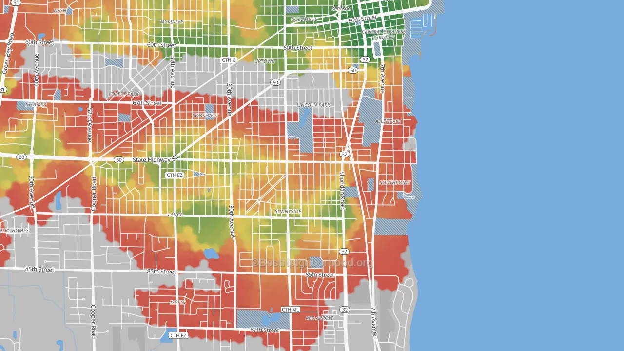 Walk Grade map of 53143, WI, walkable areas in green and car-dependent areas in red