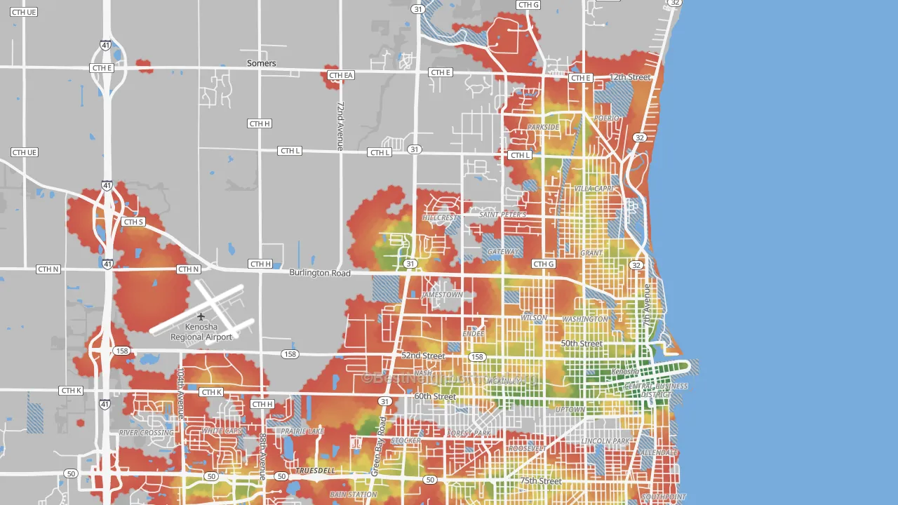 Walk Grade map of 53144, WI, walkable areas in green and car-dependent areas in red
