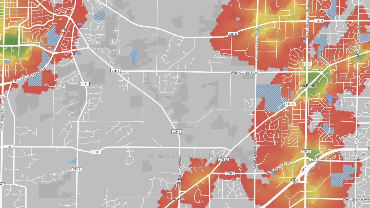Walk Grade map of 53146, WI, walkable areas in green and car-dependent areas in red