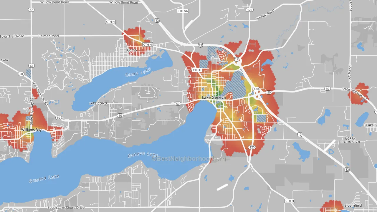 Walk Grade map of 53147, WI, walkable areas in green and car-dependent areas in red