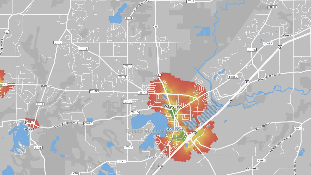 Walk Grade map of 53149, WI, walkable areas in green and car-dependent areas in red