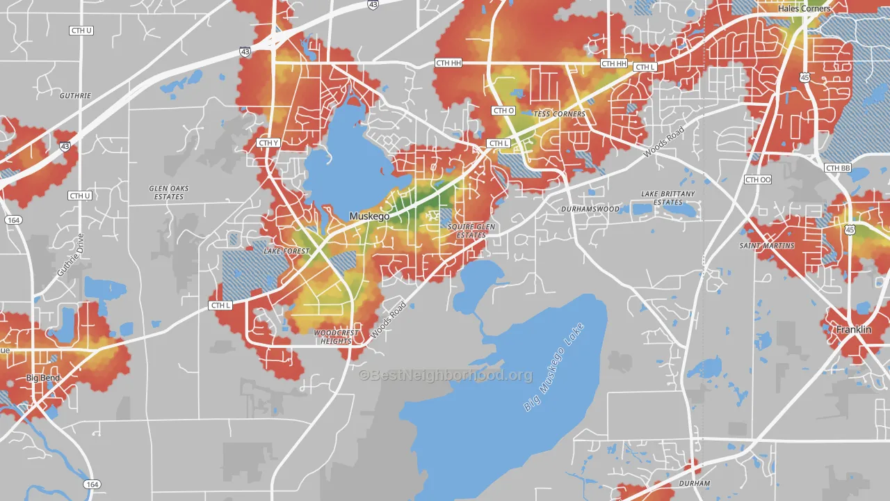 Walk Grade map of 53150, WI, walkable areas in green and car-dependent areas in red