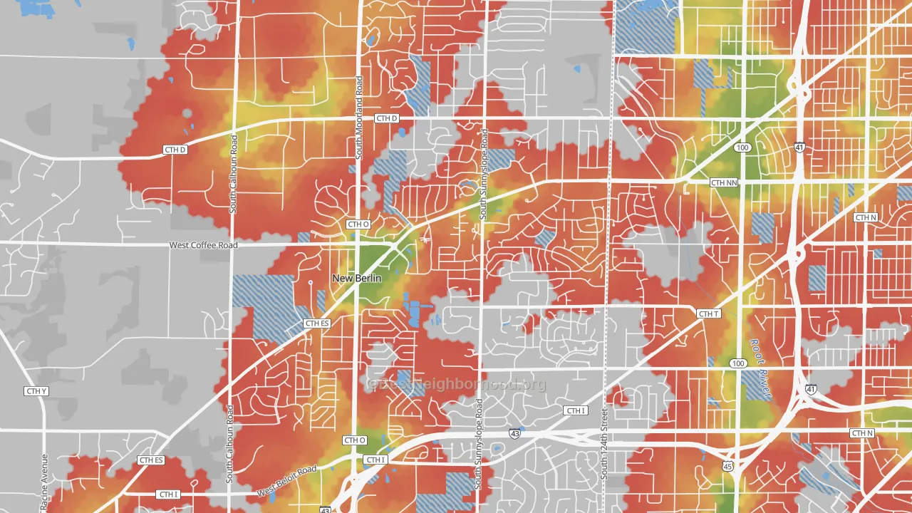 Walk Grade map of 53151, WI, walkable areas in green and car-dependent areas in red