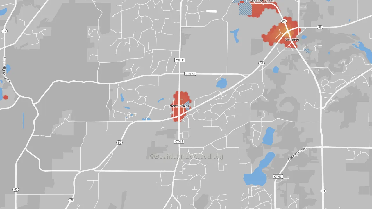 Walk Grade map of 53153, WI, walkable areas in green and car-dependent areas in red