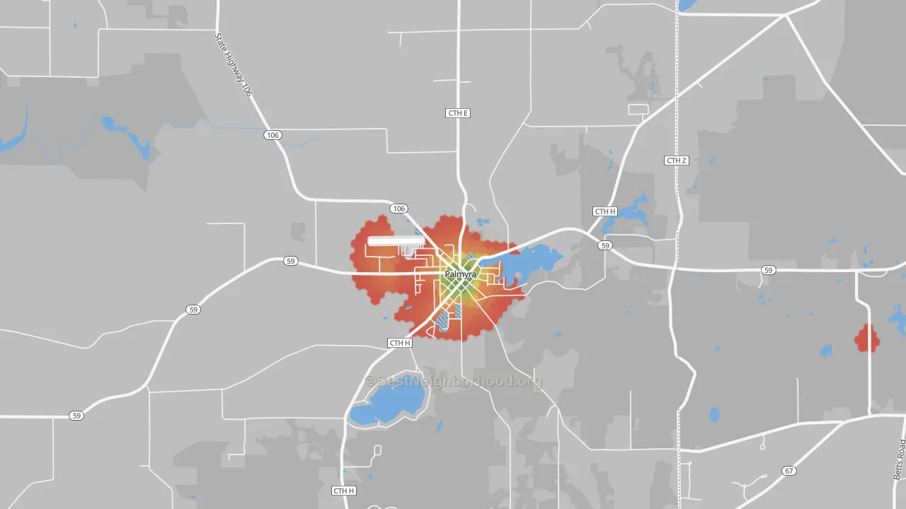 Walk Grade map of 53156, WI, walkable areas in green and car-dependent areas in red