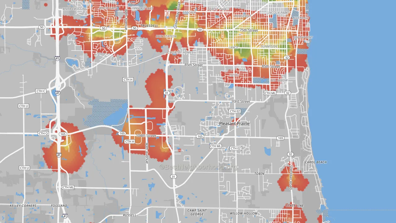 Walk Grade map of 53158, WI, walkable areas in green and car-dependent areas in red