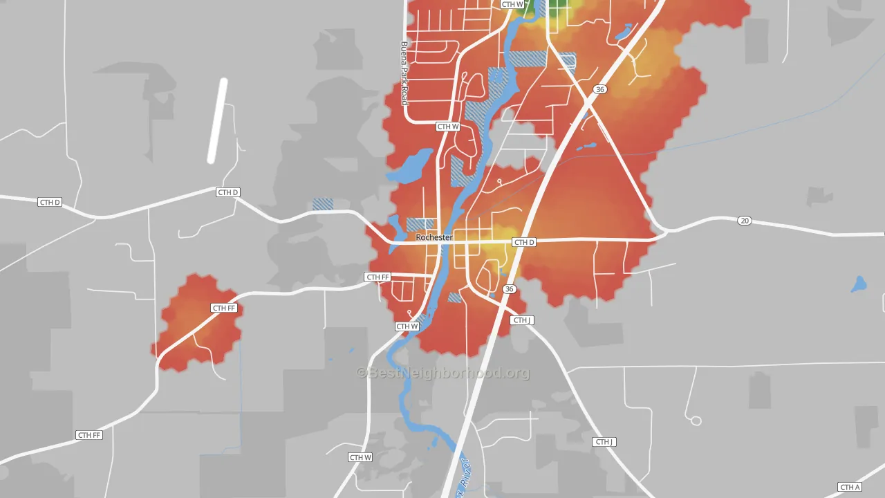 Walk Grade map of 53167, WI, walkable areas in green and car-dependent areas in red