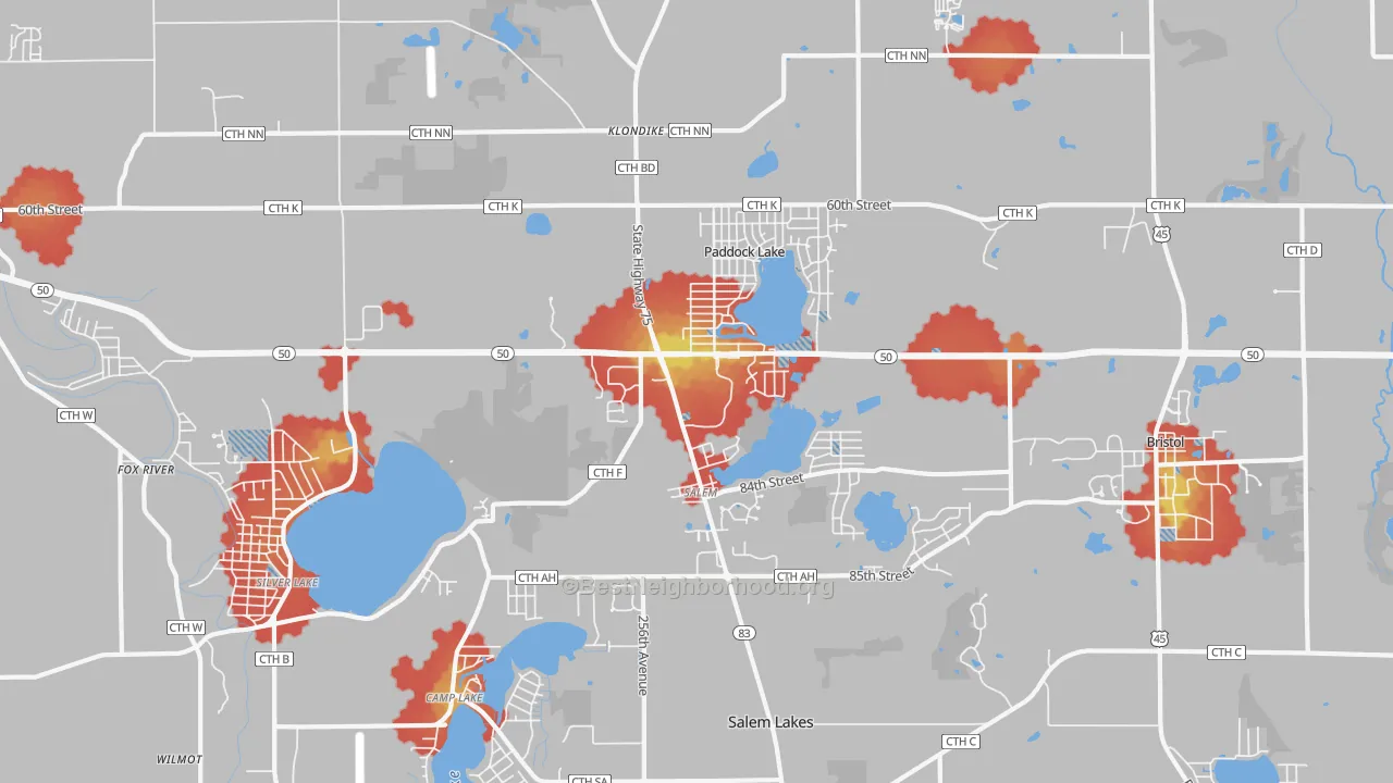 Walk Grade map of 53168, WI, walkable areas in green and car-dependent areas in red