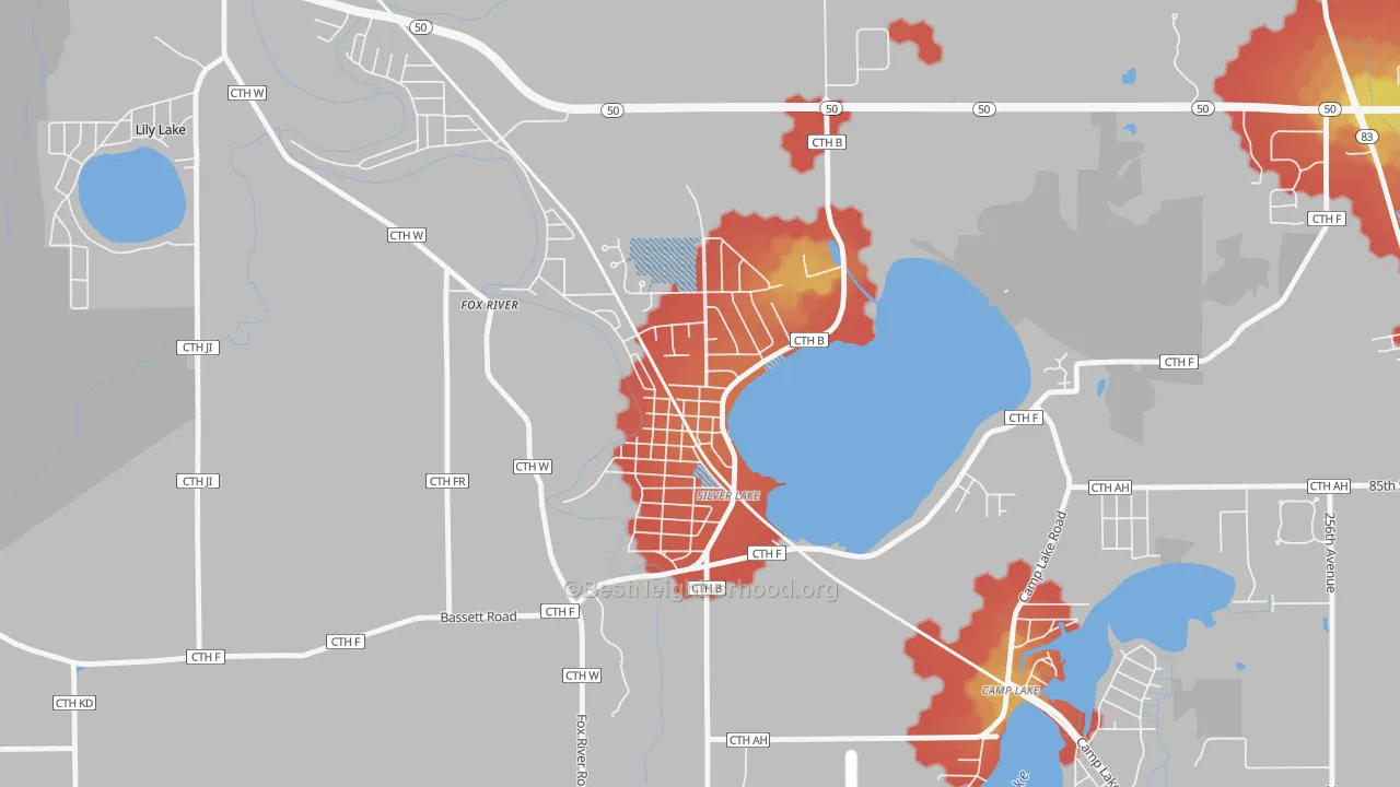 Walk Grade map of 53170, WI, walkable areas in green and car-dependent areas in red