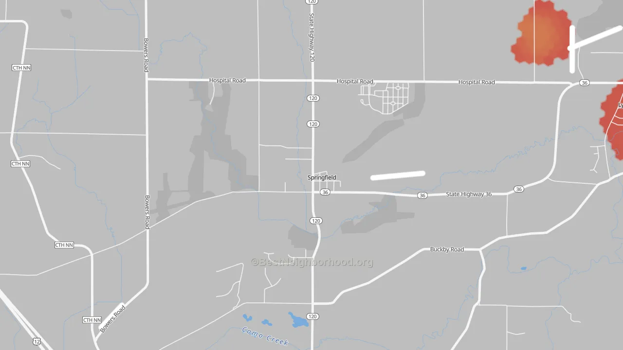 Walk Grade map of 53176, WI, walkable areas in green and car-dependent areas in red