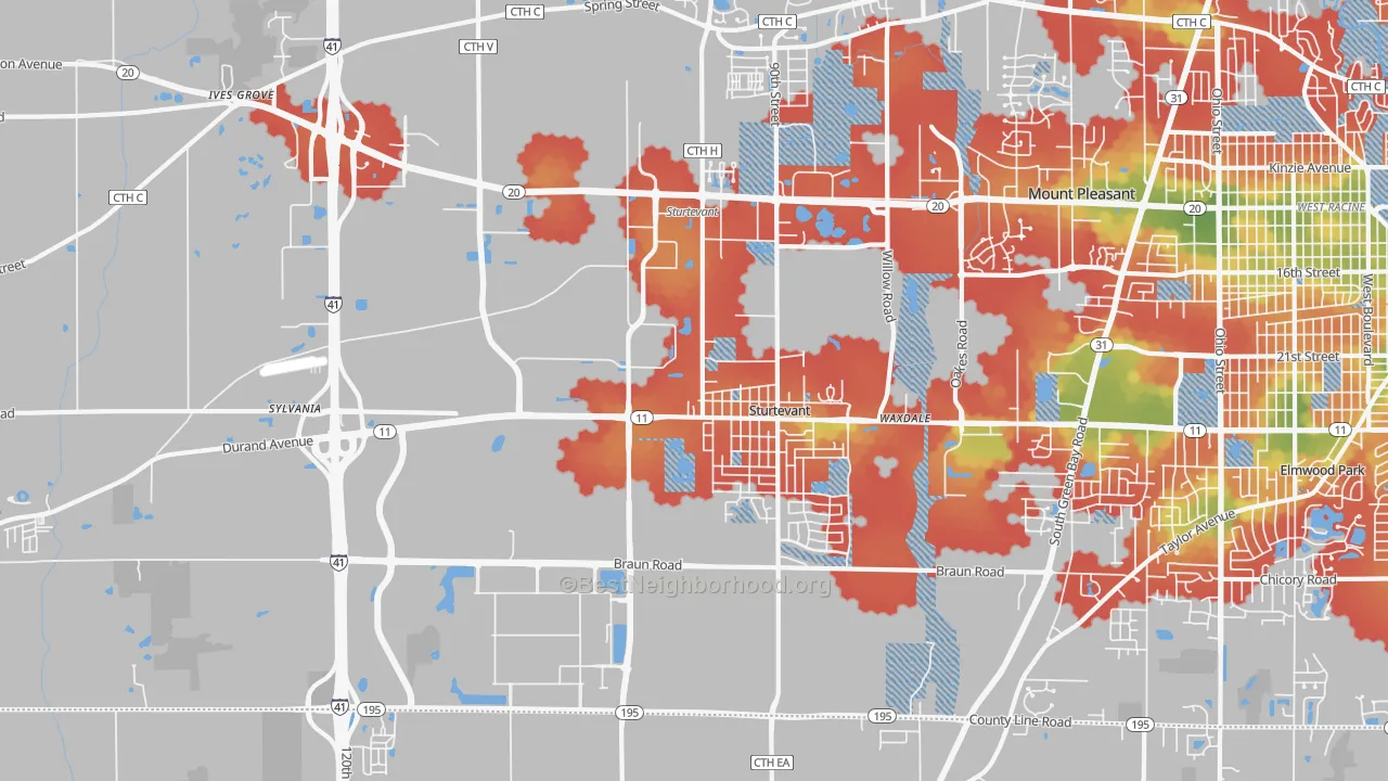 Walk Grade map of 53177, WI, walkable areas in green and car-dependent areas in red