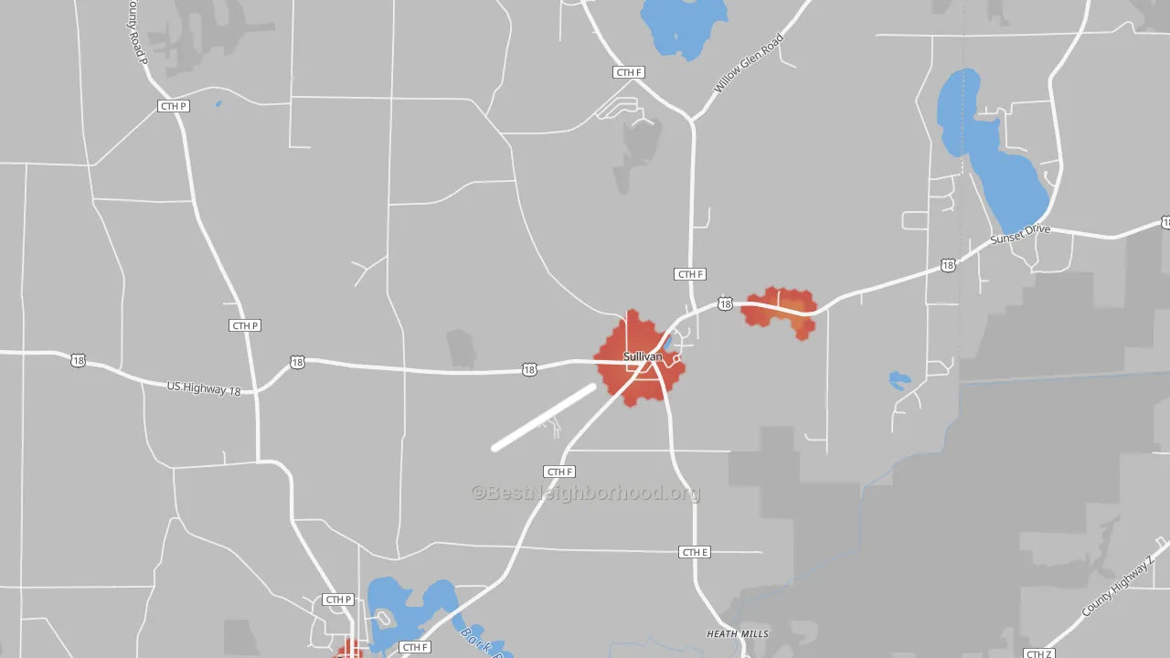 Walk Grade map of 53178, WI, walkable areas in green and car-dependent areas in red