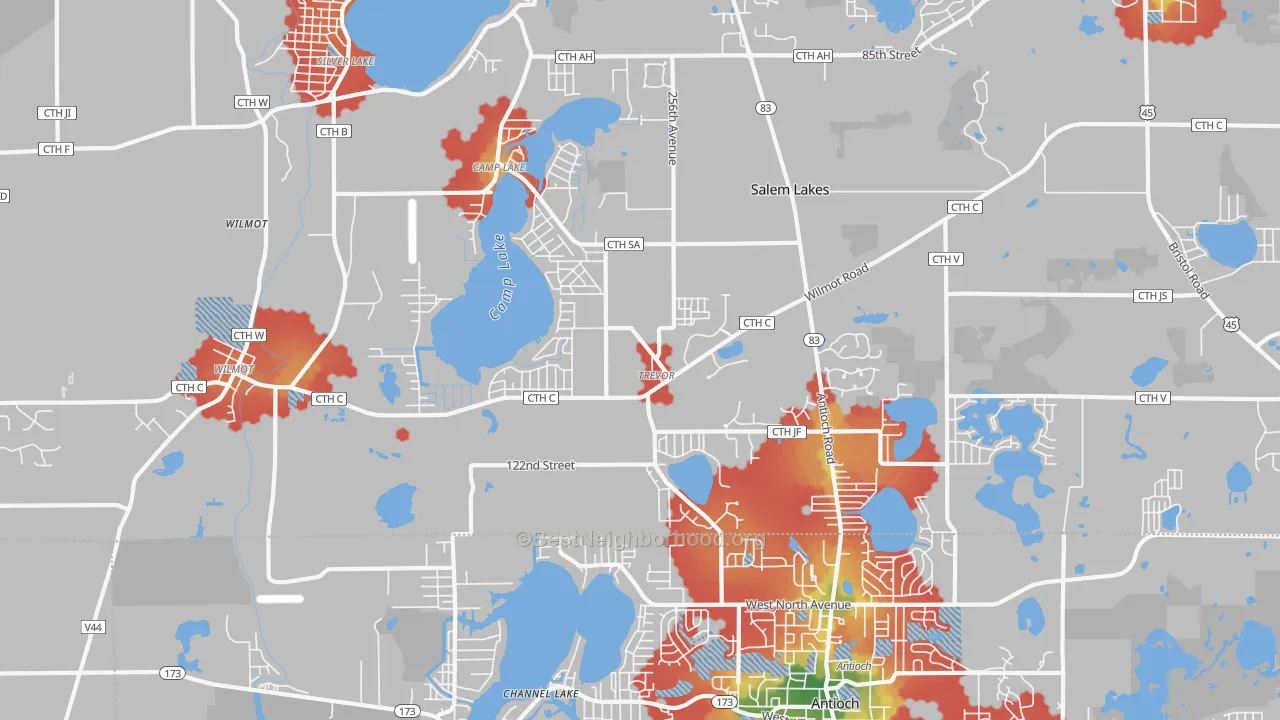 Walk Grade map of 53179, WI, walkable areas in green and car-dependent areas in red