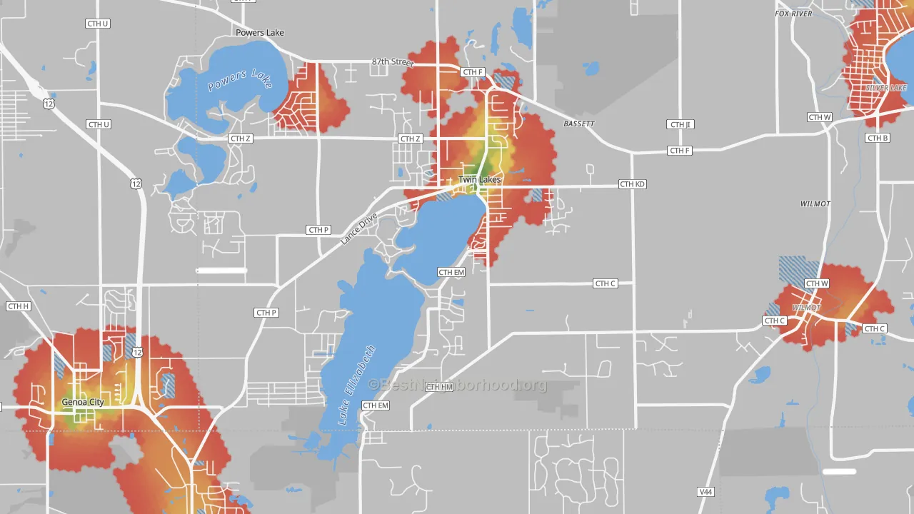Walk Grade map of 53181, WI, walkable areas in green and car-dependent areas in red