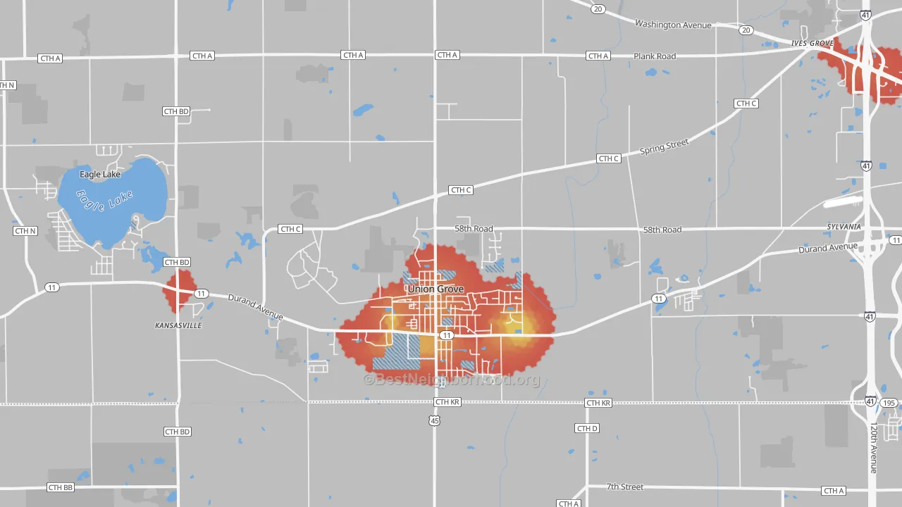 Walk Grade map of 53182, WI, walkable areas in green and car-dependent areas in red