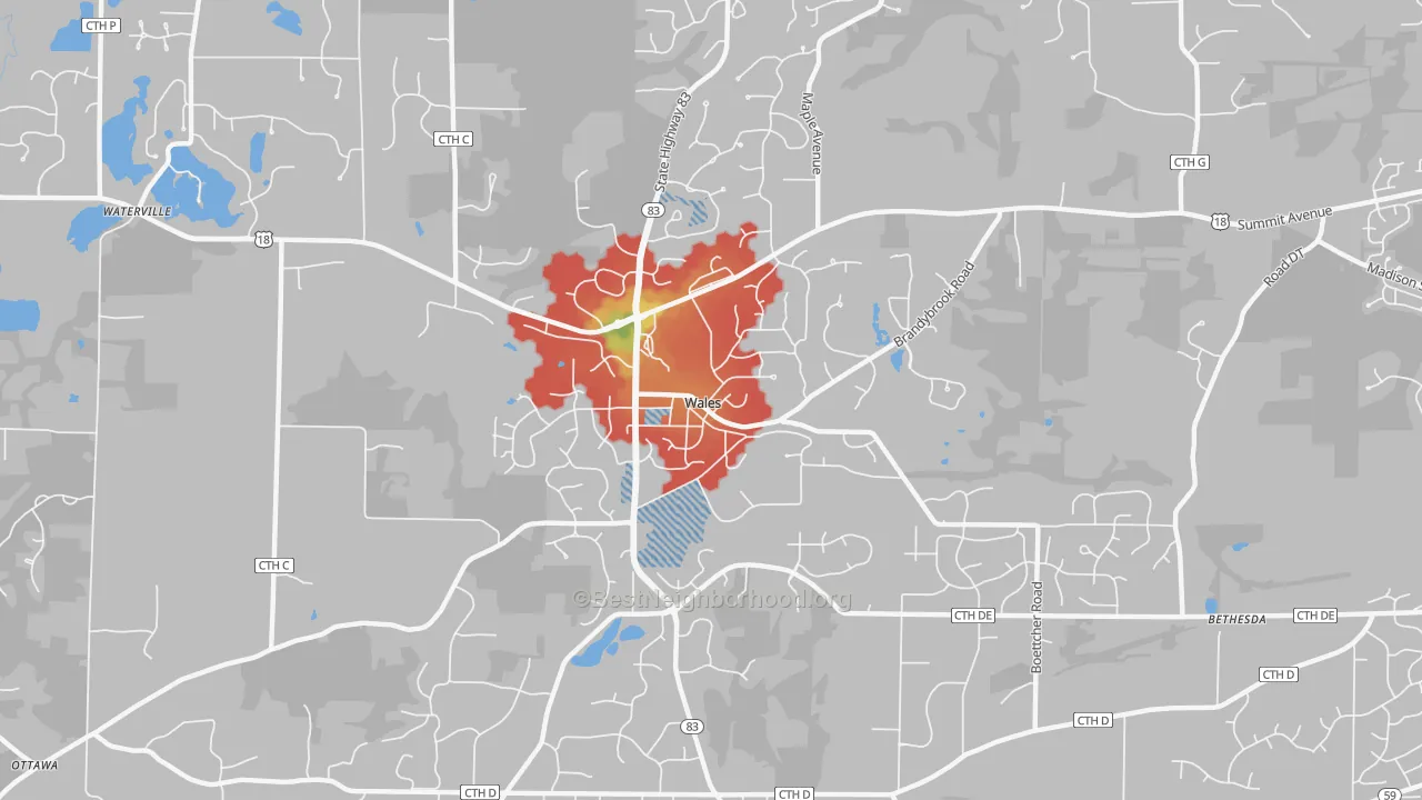 Walk Grade map of 53183, WI, walkable areas in green and car-dependent areas in red